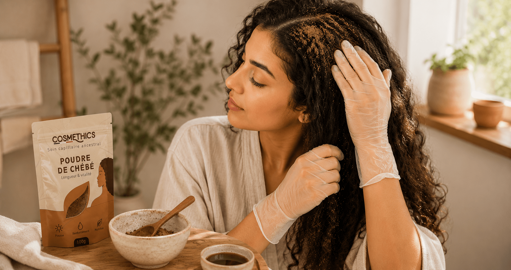 Application de la poudre de chébé sur les cheveux