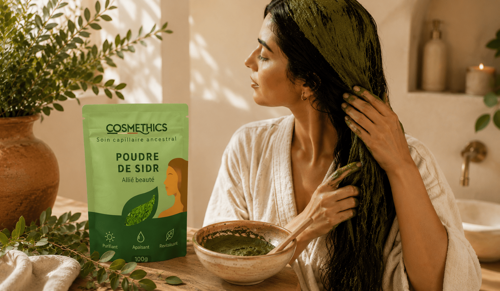 Poudre de Sidr appliquée sur les cheveux, soin capillaire naturel