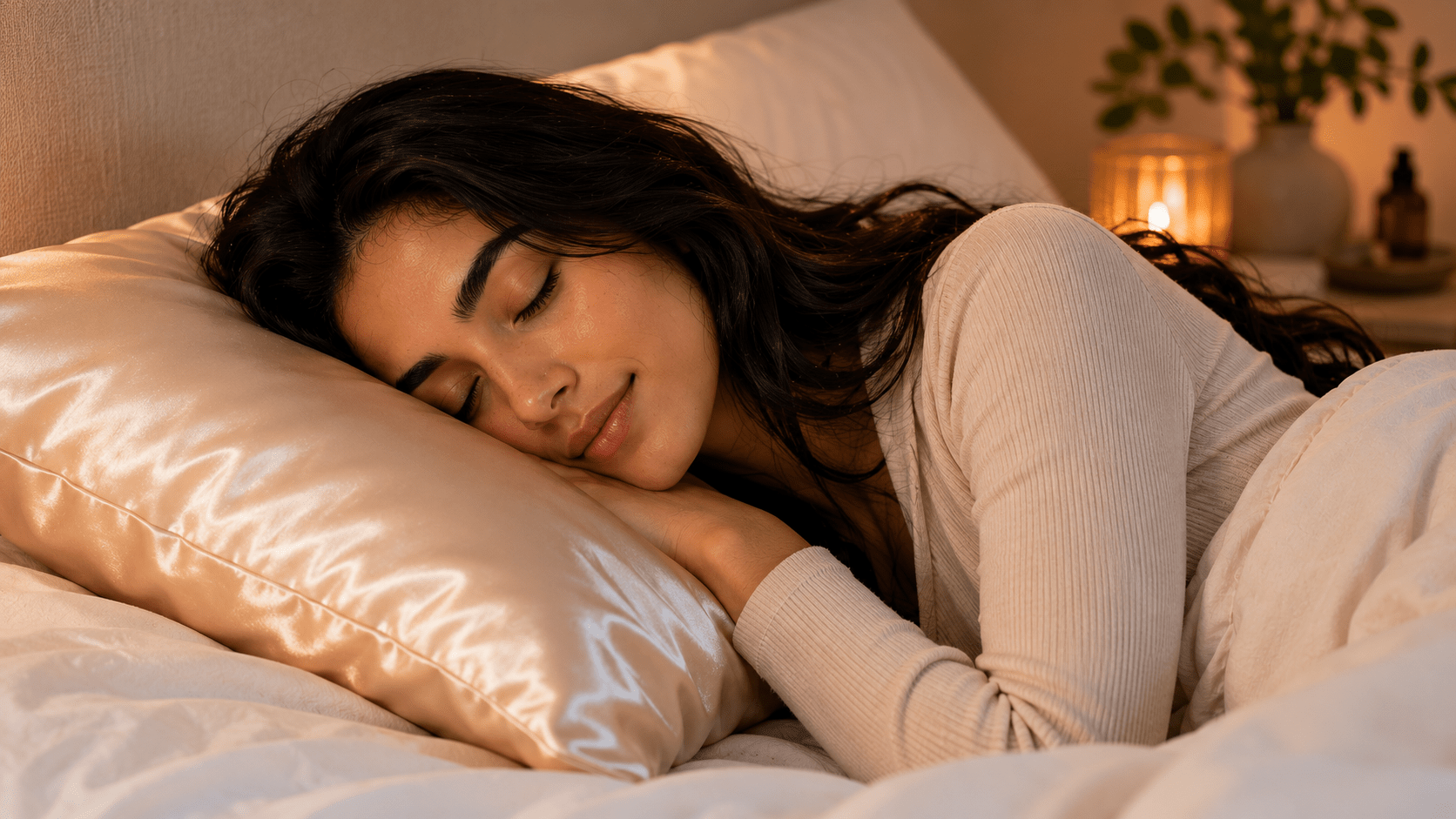 Femme dormant sur une taie en satin pour protéger ses cheveux la nuit