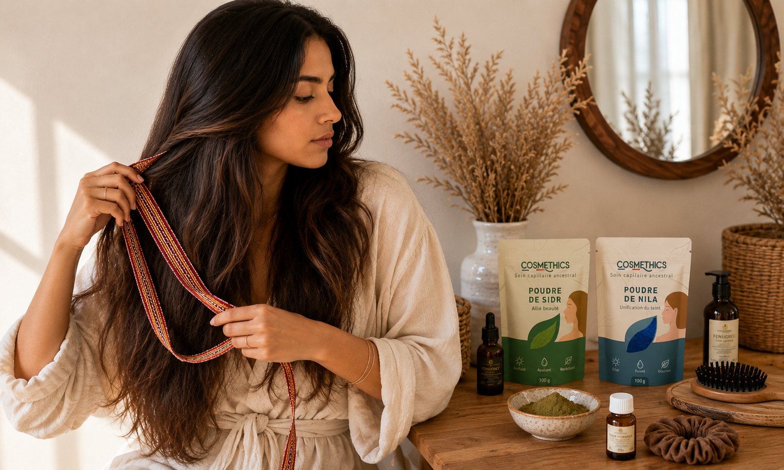 Femme appliquant un ruban kardoune sur ses cheveux, entourée des poudres de sidr, nila et de l'huile de fenugrec