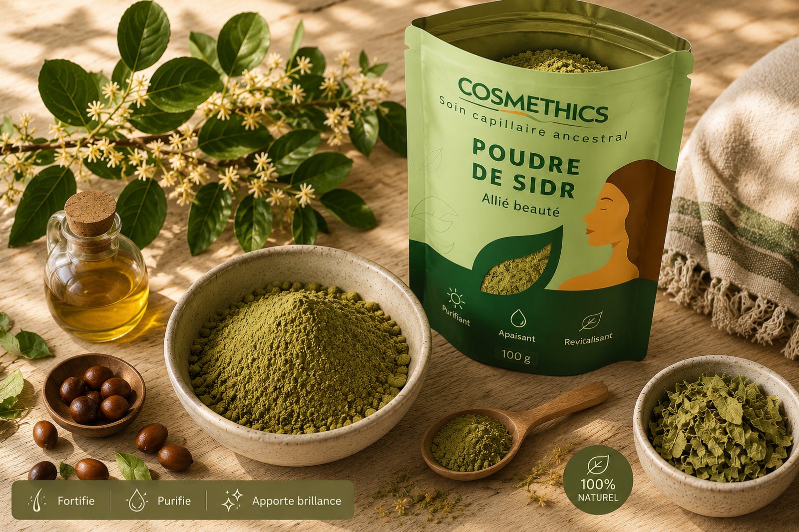 Sachet de poudre de sidr Cosmethics entouré de jujubes et de feuilles de jujubier, shampoing naturel