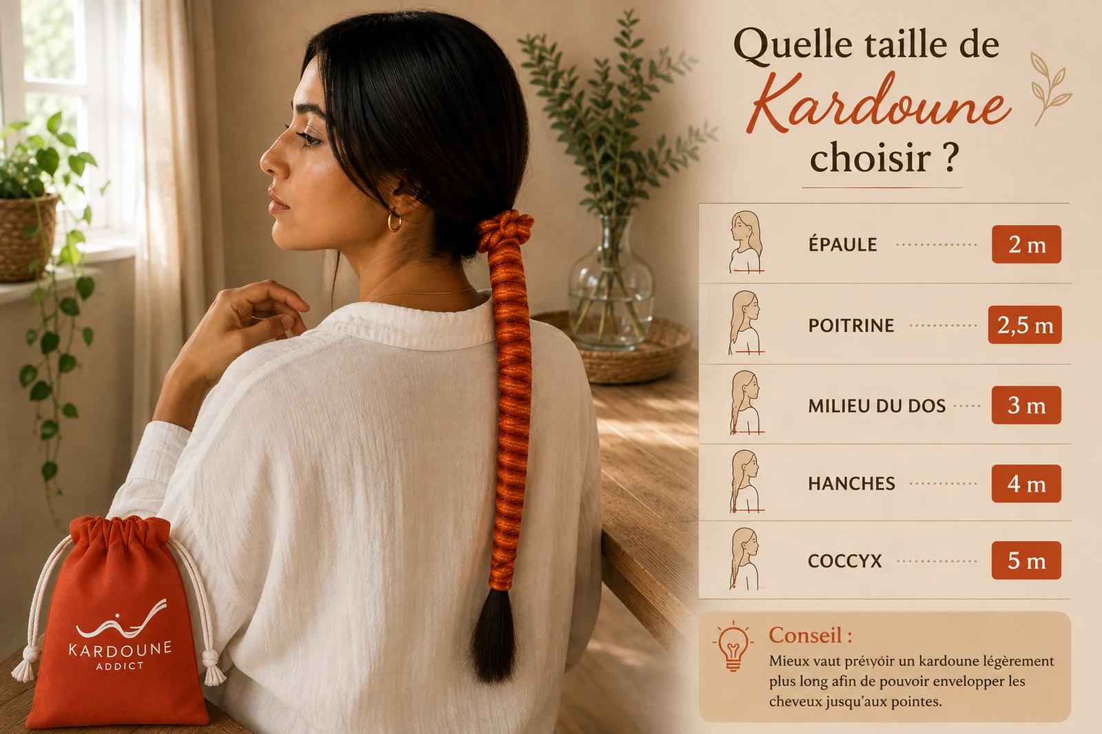 Guide des tailles de kardoune : 2 m épaule, 2,5 m poitrine, 3 m milieu du dos, 4 m hanches, 5 m coccyx