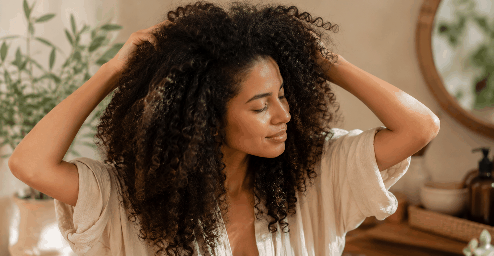 Femme aux cheveux bouclés volumineux réalisant sa routine capillaire sans chaleur