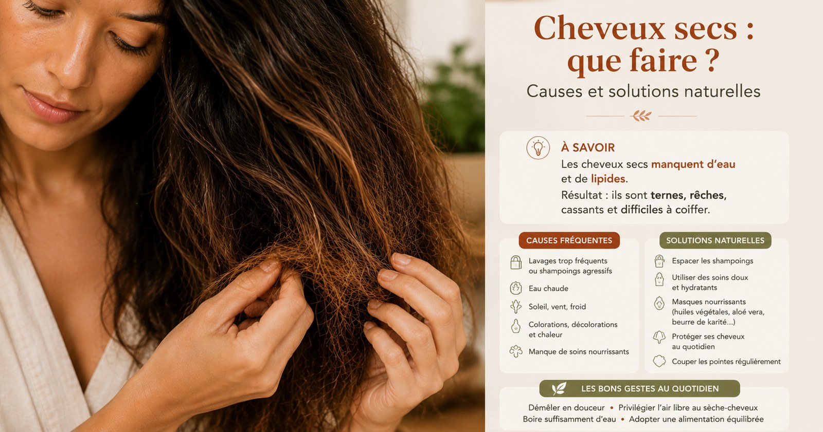 Cheveux secs : causes et solutions naturelles pour nourrir la fibre capillaire