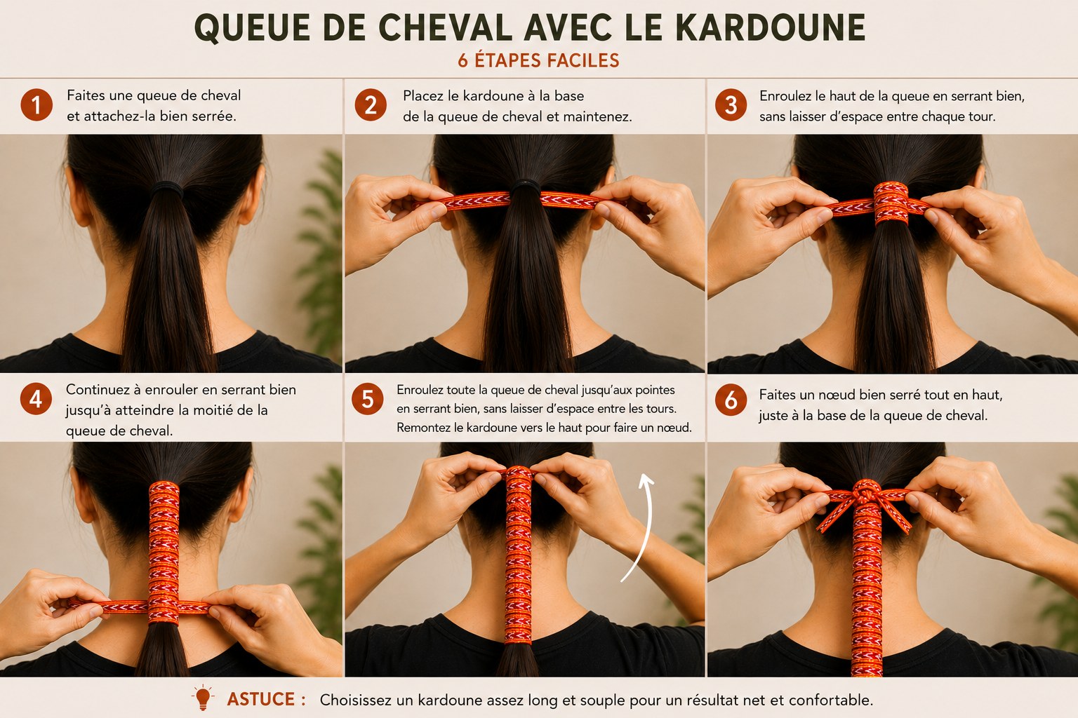 Tutoriel en 6 étapes pour mettre un kardoune sur une queue de cheval