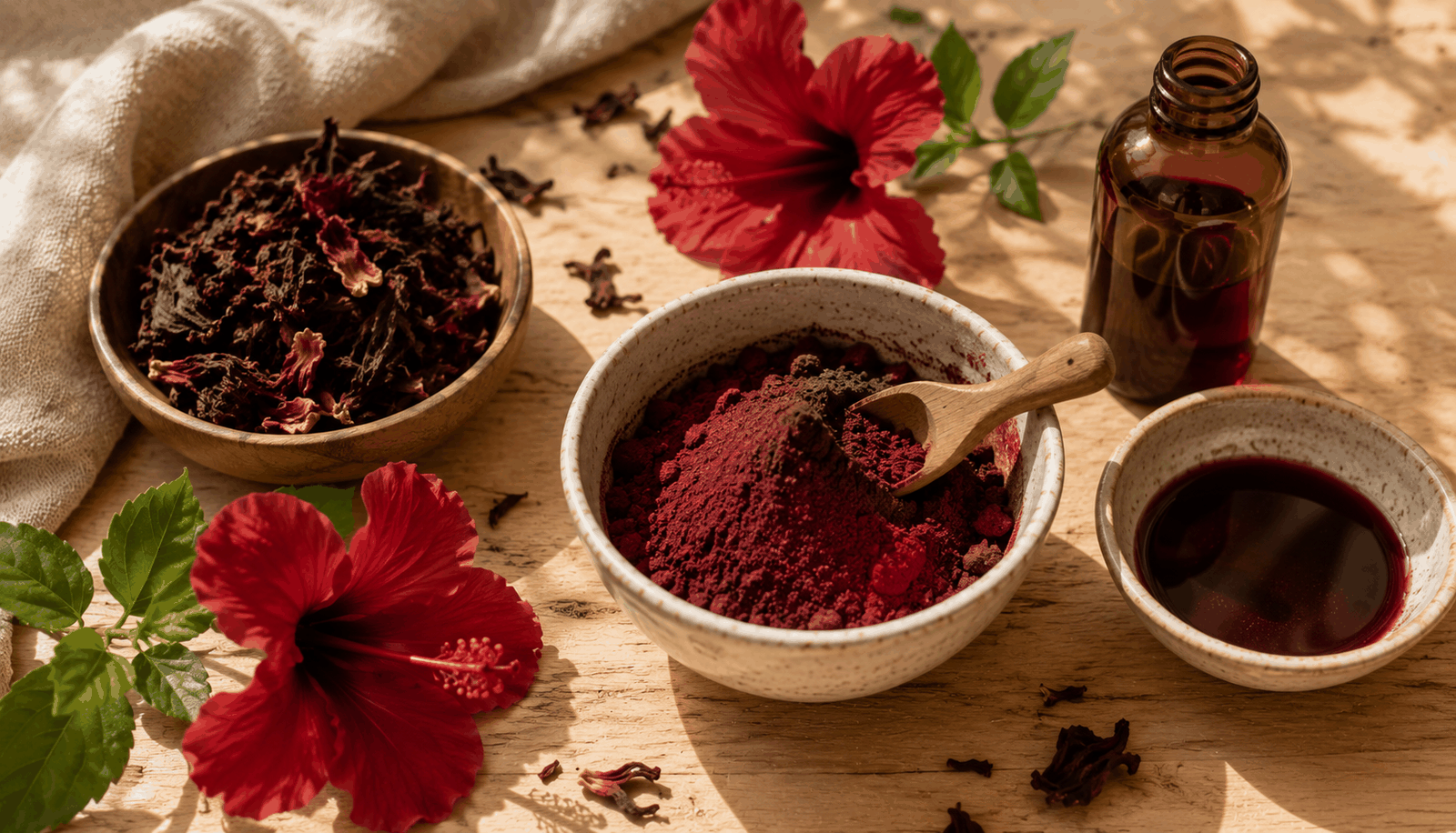 Poudre hibiscus, fleurs fraîches et macérat huileux pour le soin des cheveux