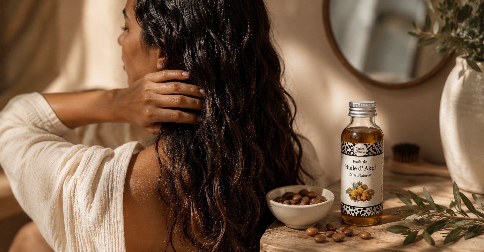 Huile d’akpi pour les cheveux : flacon et noix d’akpi, nutrition intense