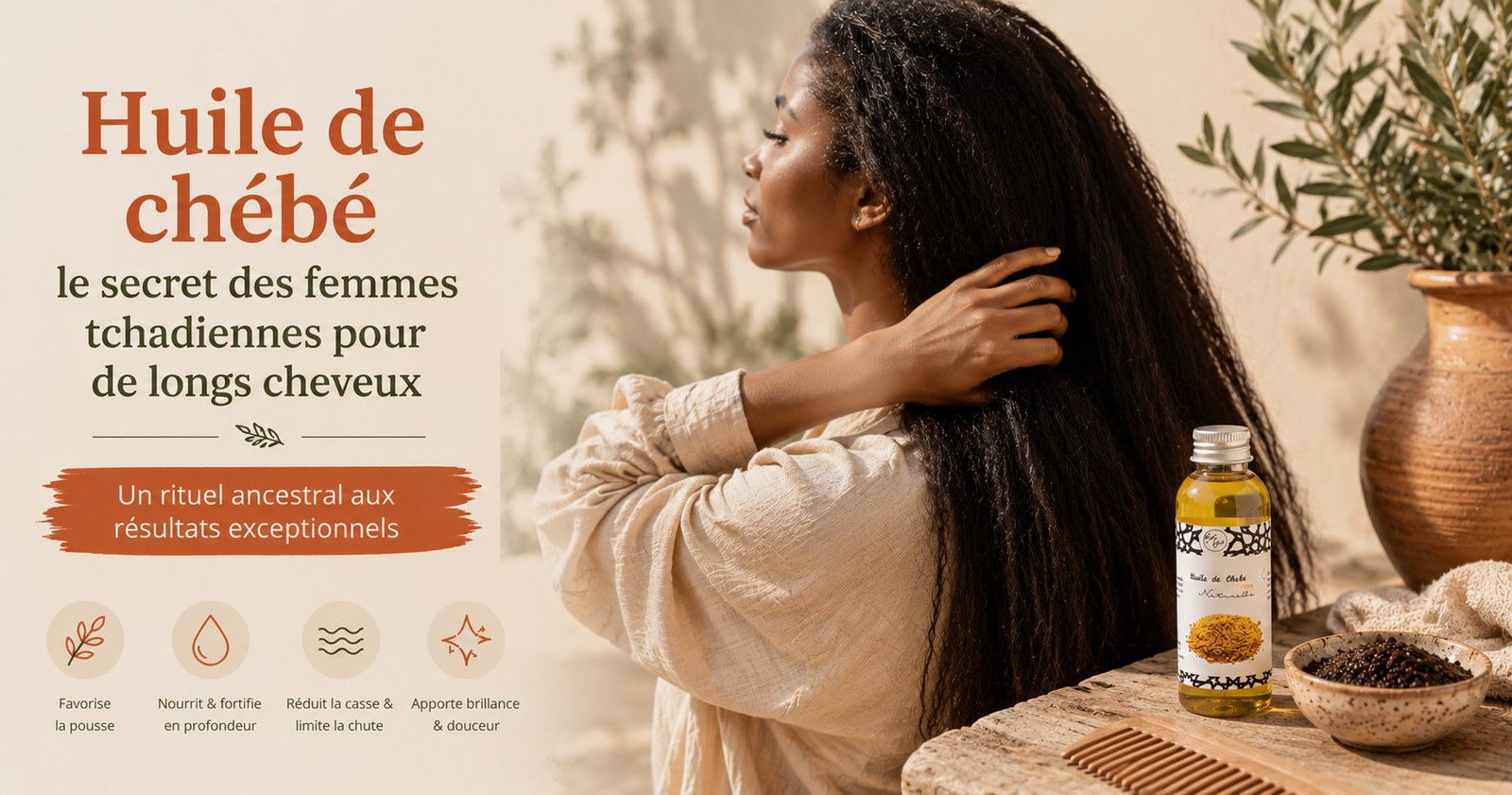Huile de chébé pour des cheveux longs : flacon et graines de chébé