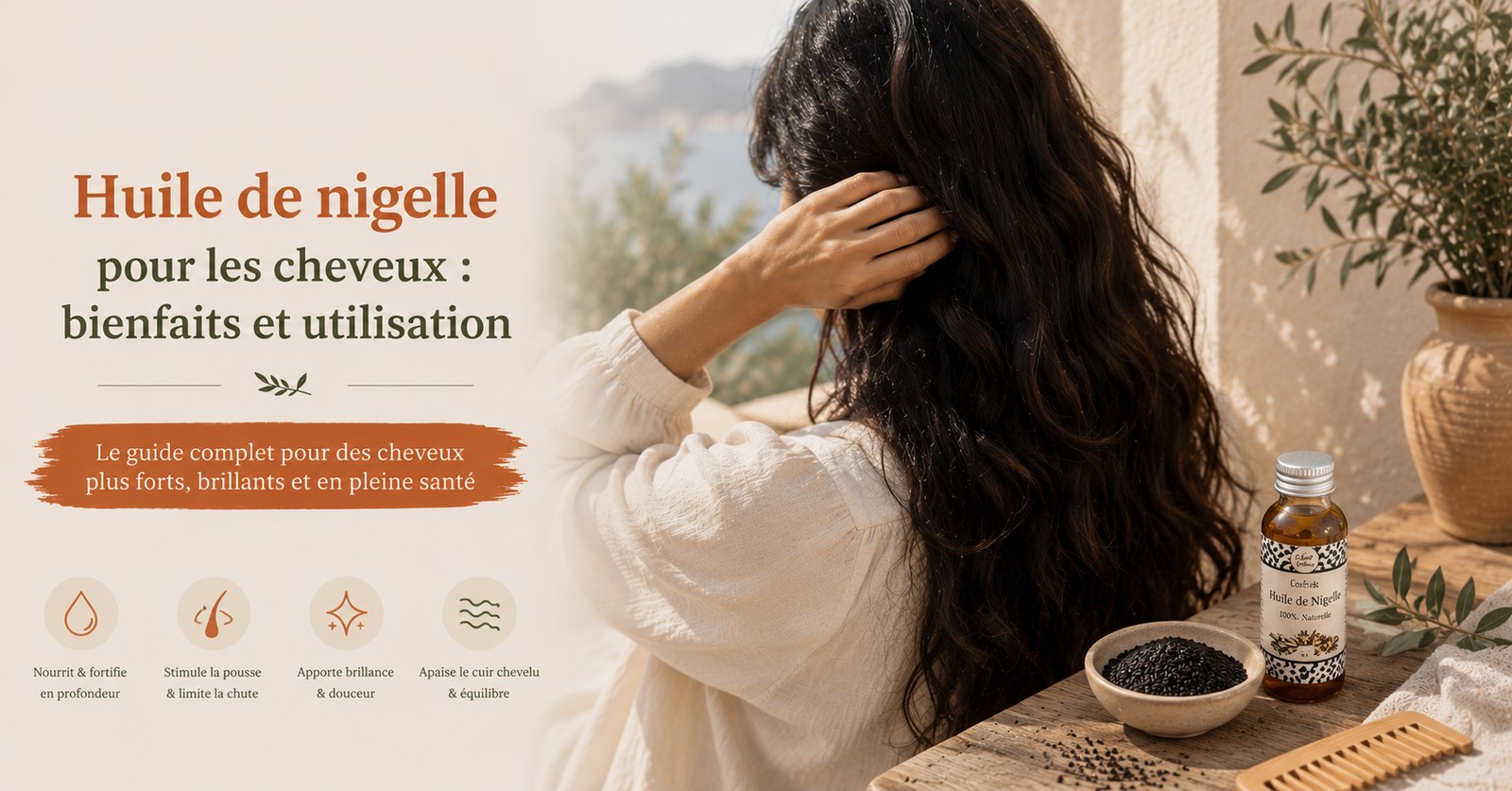 Huile de nigelle pour les cheveux : flacon et graines de nigelle