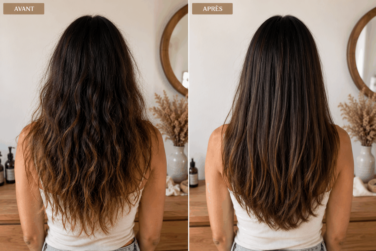 Kardoune avant/après : cheveux longs ondulés et frisottés à gauche, lisses et brillants à droite après utilisation du kardoune