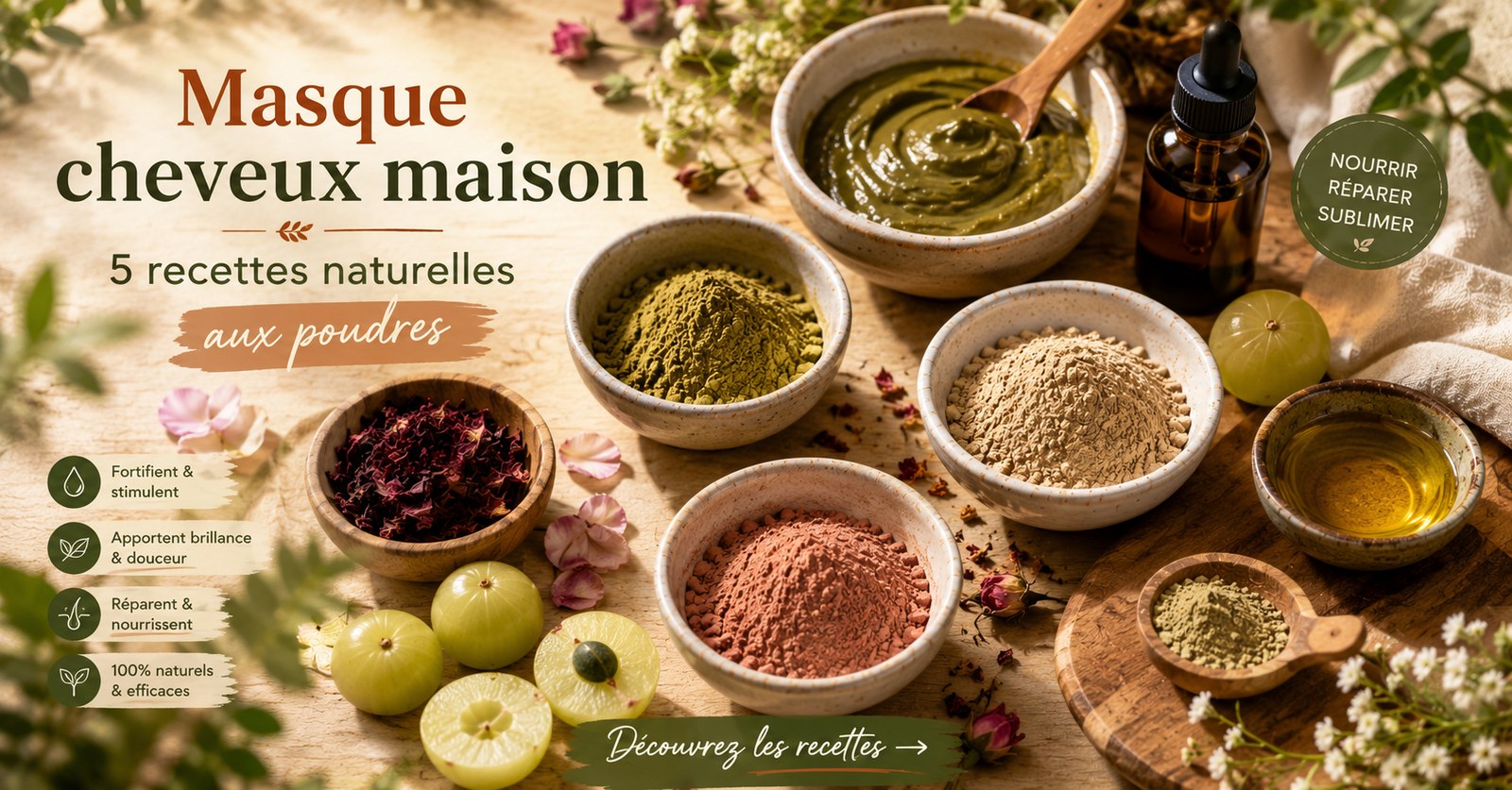 Masque cheveux maison : bols de poudres ayurvédiques, hibiscus, amla et huile végétale