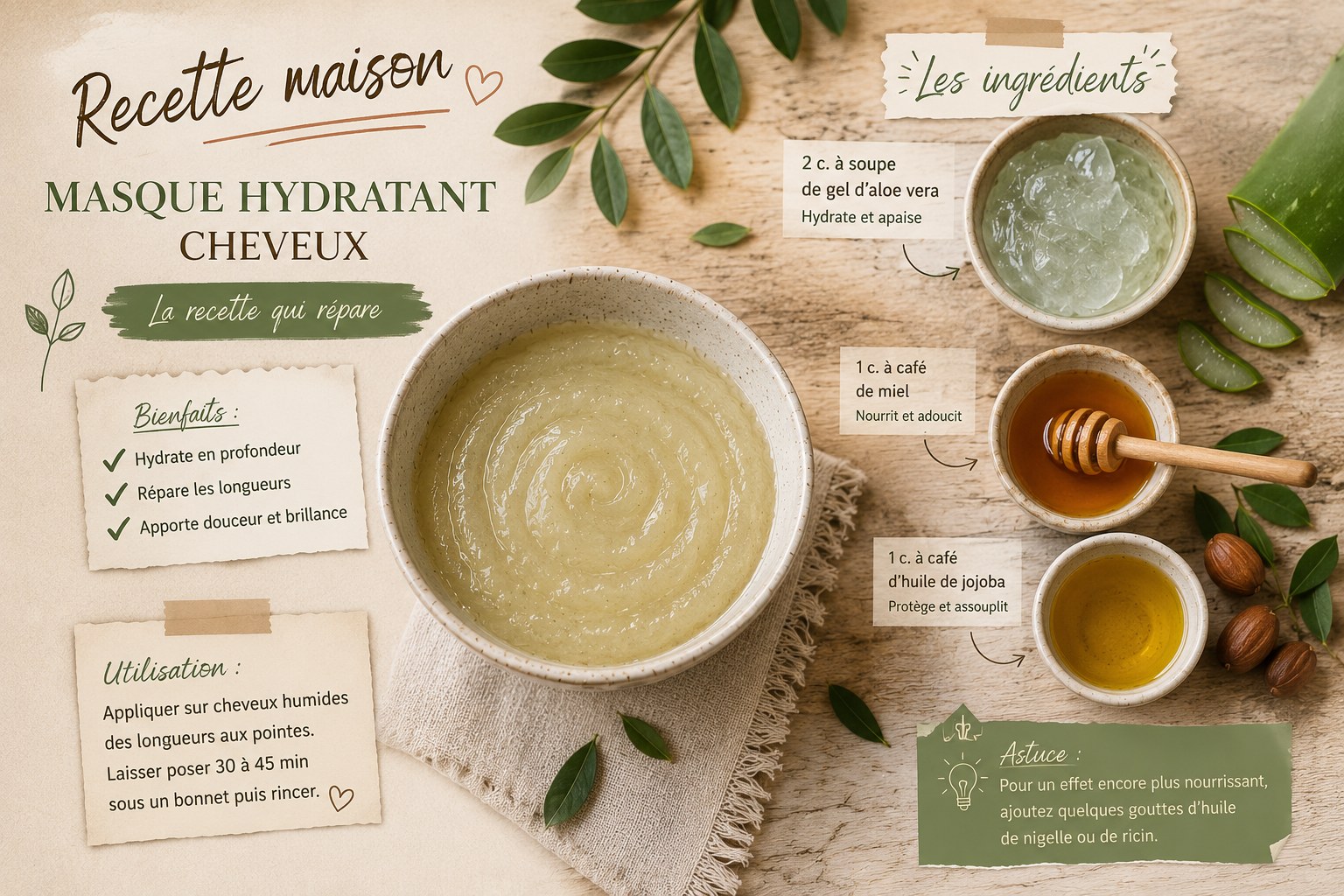 Recette de masque hydratant maison à l’aloe vera, miel et huile de jojoba