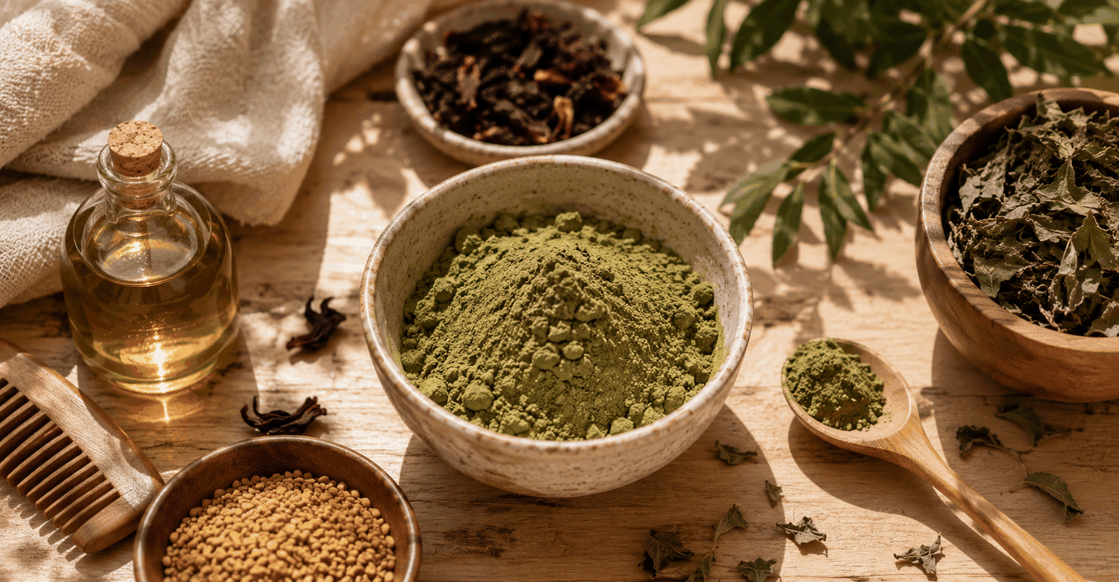 Poudres ayurvédiques pour cheveux : bol de poudre verte, hibiscus séché, graines de fenugrec et huile végétale